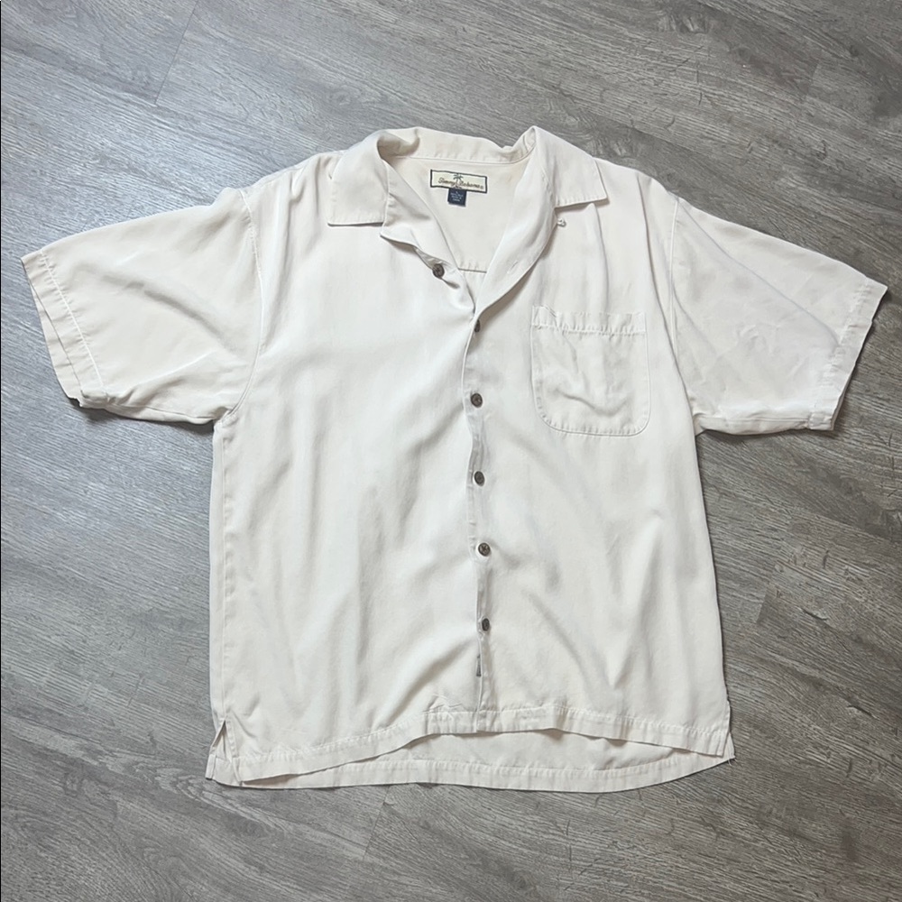 Tommy Bahama Relax 100% Silk Cream Short‎ Sleeve Button Down Shirt